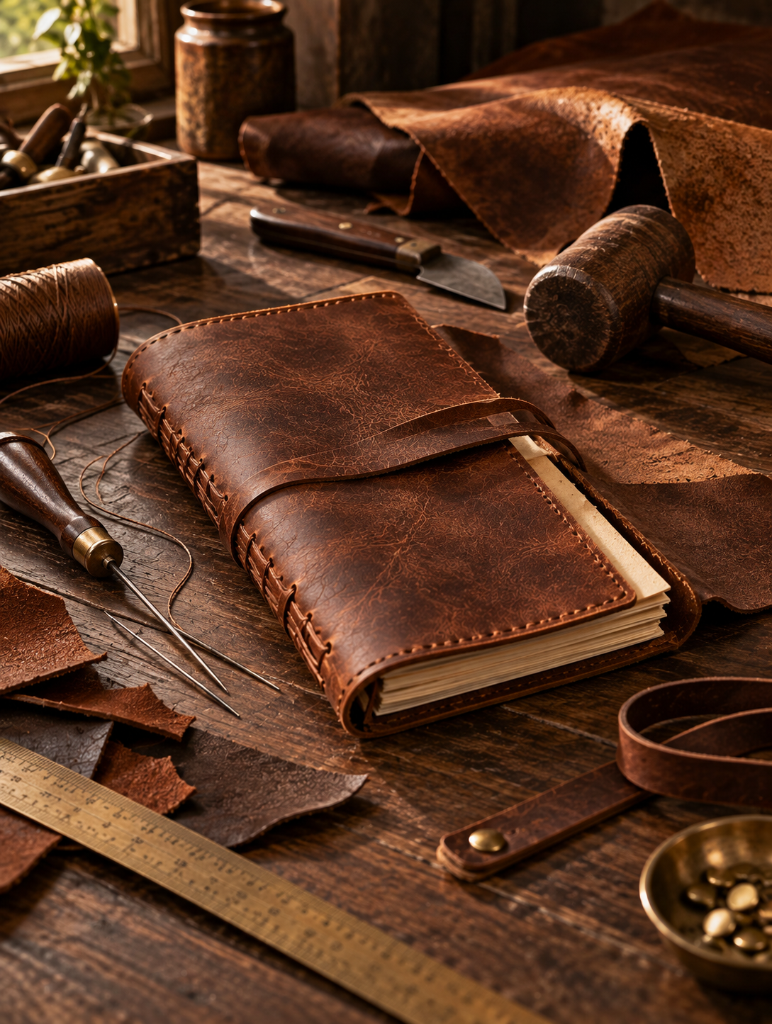 Hands working leather by hand