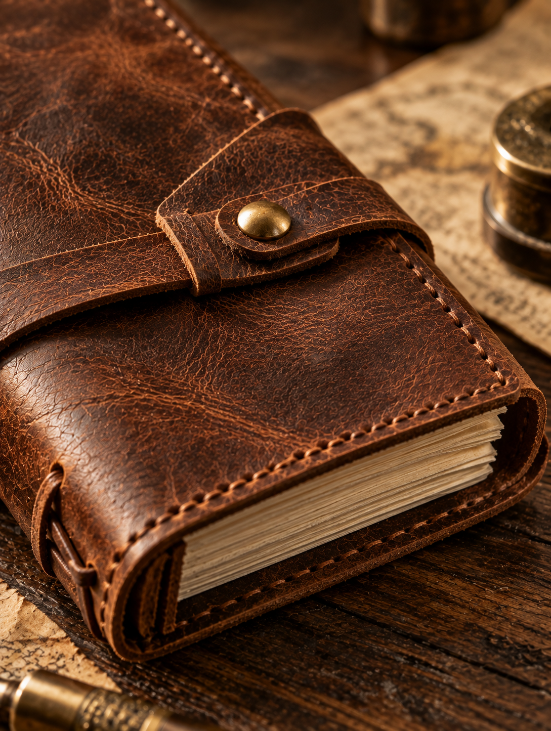 Close-up of stitching and brass hardware