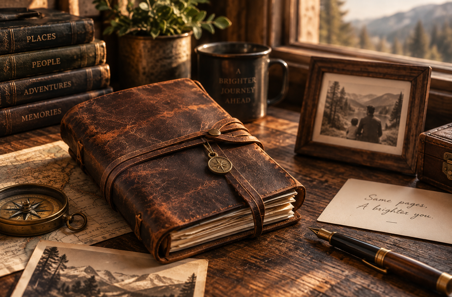 A well-worn journal with a rich, aged leather patina