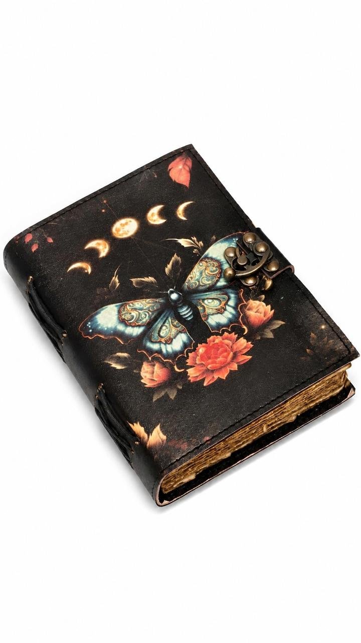 Vintage Luna Moth Leather Grimoire Journal with Clasp Lock